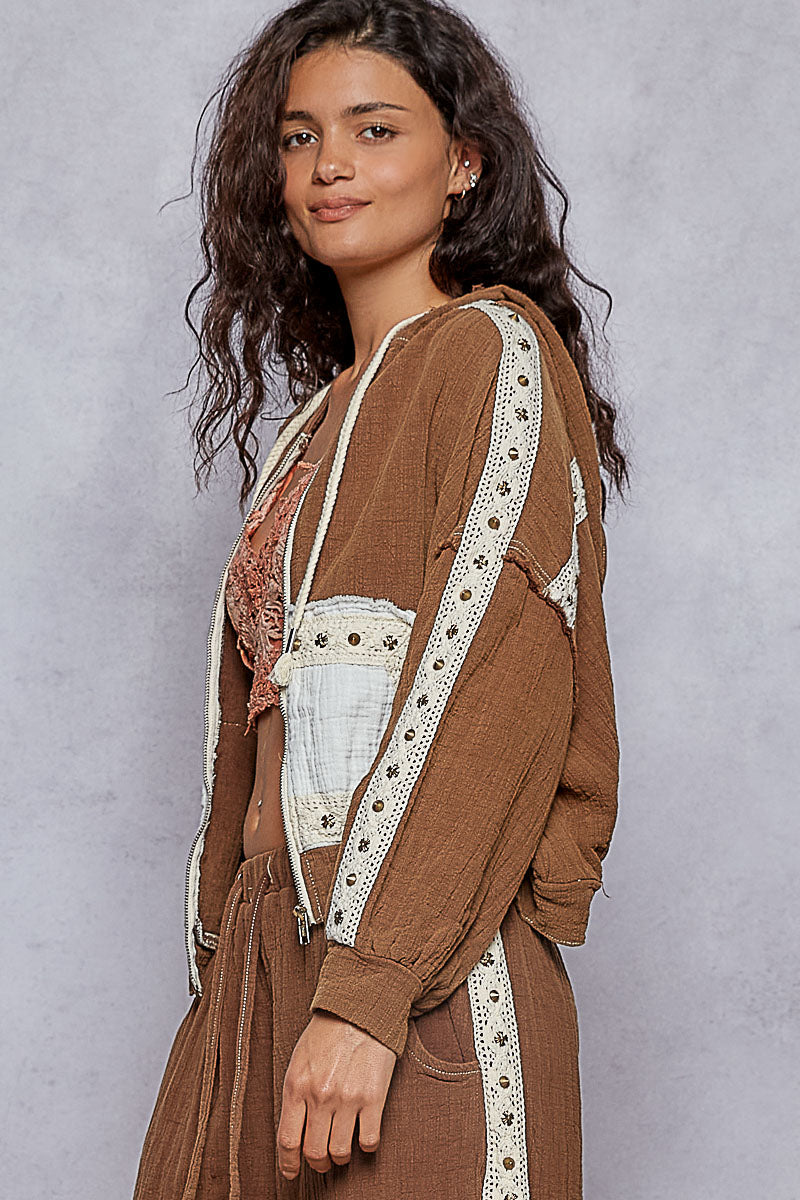 POL Studded Trim Gauze Ho odie-Hoodies-Krush Kandy, Women's Online Fashion Boutique Located in Phoenix, Arizona (Scottsdale Area)