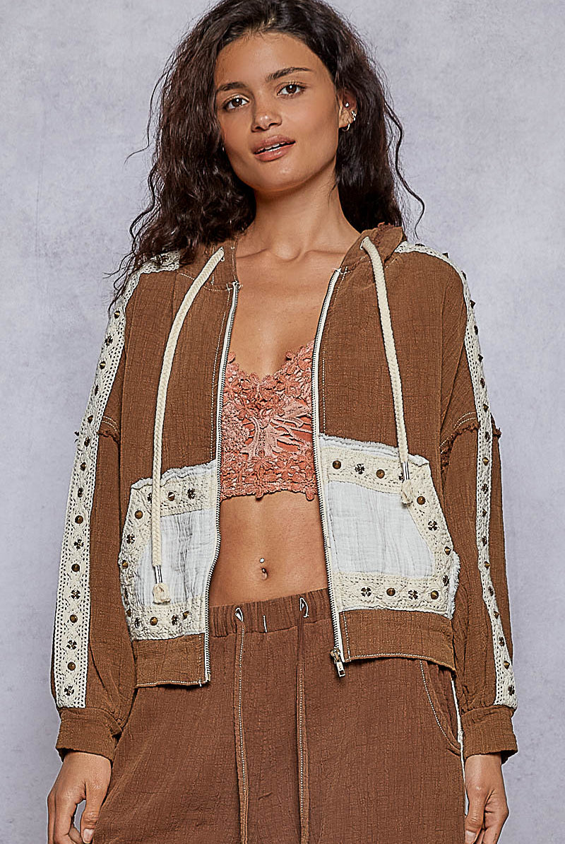 POL Studded Trim Gauze Ho odie-Hoodies-Krush Kandy, Women's Online Fashion Boutique Located in Phoenix, Arizona (Scottsdale Area)