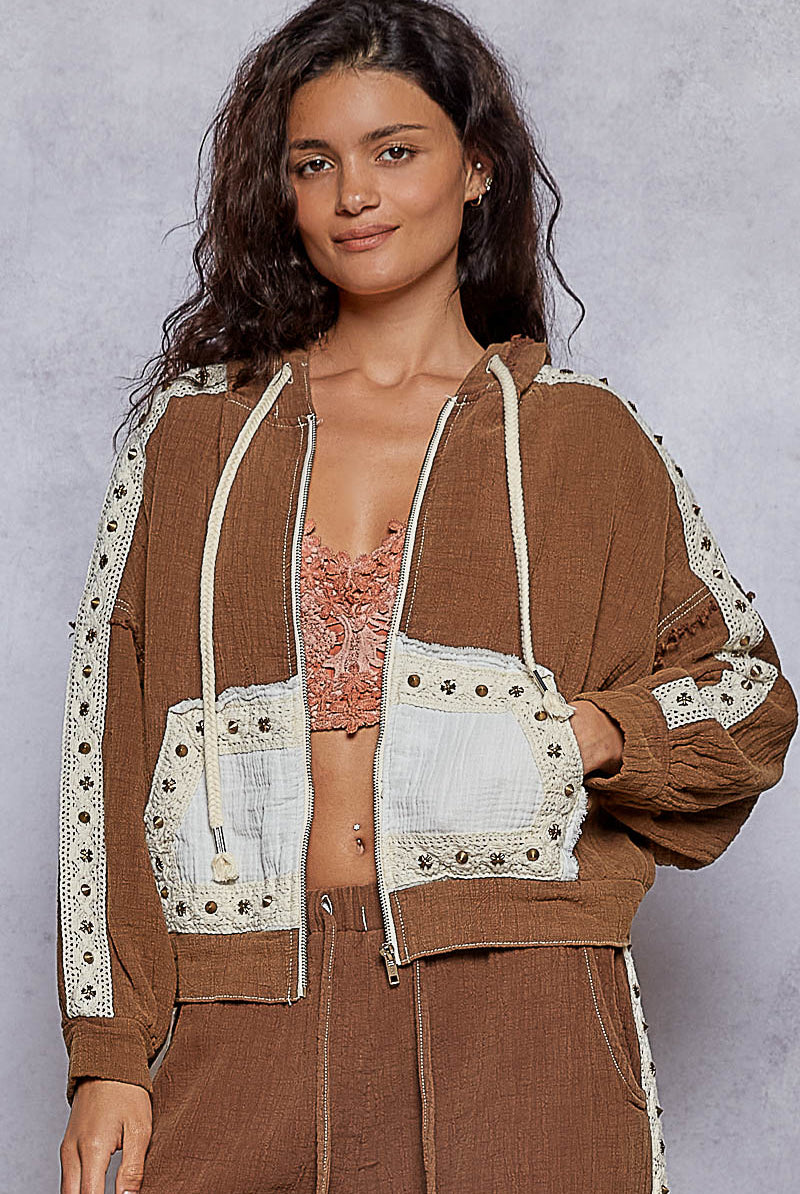 POL Studded Trim Gauze Ho odie-Hoodies-Krush Kandy, Women's Online Fashion Boutique Located in Phoenix, Arizona (Scottsdale Area)