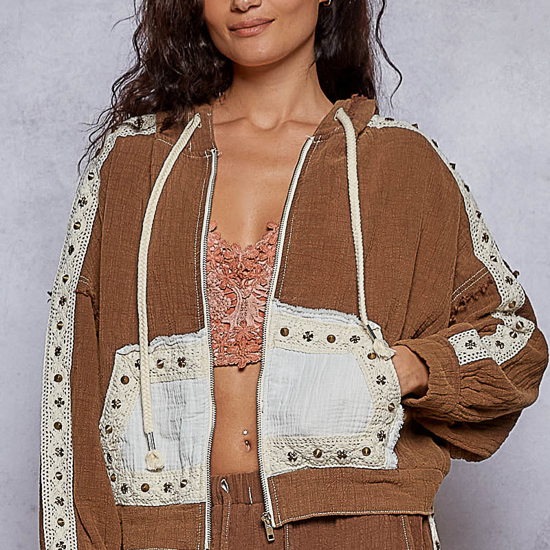 POL Studded Trim Gauze Ho odie-Hoodies-Krush Kandy, Women's Online Fashion Boutique Located in Phoenix, Arizona (Scottsdale Area)