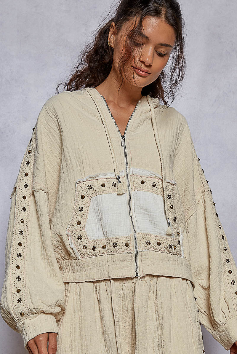 POL Studded Trim Gauze Ho odie-Hoodies-Krush Kandy, Women's Online Fashion Boutique Located in Phoenix, Arizona (Scottsdale Area)