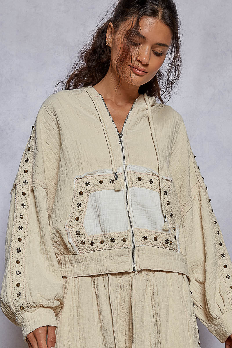 POL Studded Trim Gauze Ho odie-Hoodies-Krush Kandy, Women's Online Fashion Boutique Located in Phoenix, Arizona (Scottsdale Area)