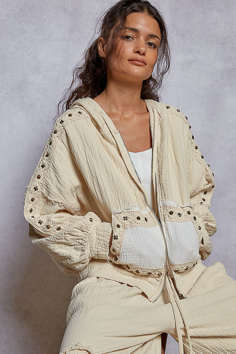 POL Studded Trim Gauze Ho odie-Hoodies-Krush Kandy, Women's Online Fashion Boutique Located in Phoenix, Arizona (Scottsdale Area)