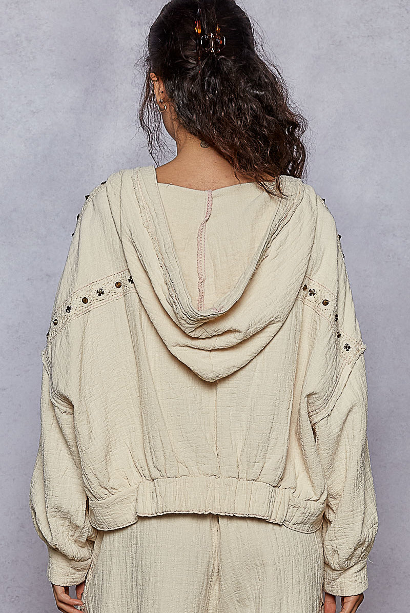 POL Studded Trim Gauze Ho odie-Hoodies-Krush Kandy, Women's Online Fashion Boutique Located in Phoenix, Arizona (Scottsdale Area)