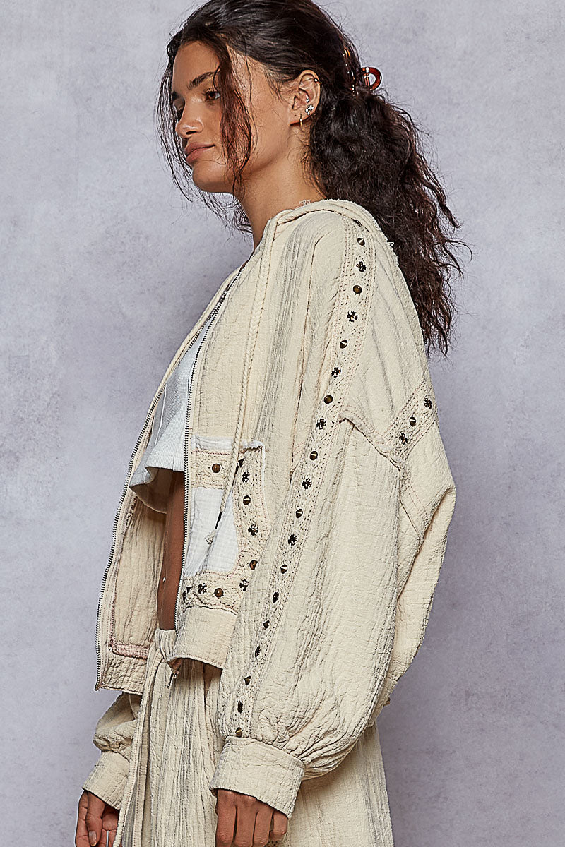 POL Studded Trim Gauze Ho odie-Hoodies-Krush Kandy, Women's Online Fashion Boutique Located in Phoenix, Arizona (Scottsdale Area)