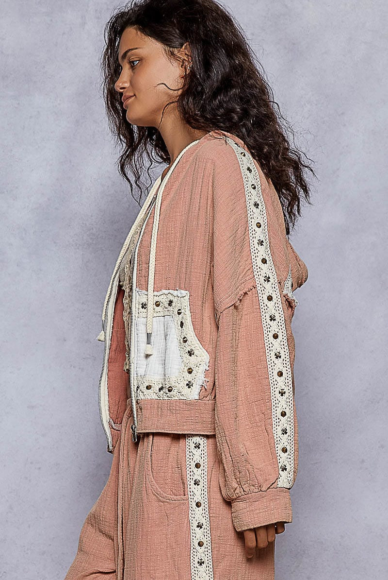 POL Studded Trim Gauze Ho odie-Hoodies-Krush Kandy, Women's Online Fashion Boutique Located in Phoenix, Arizona (Scottsdale Area)