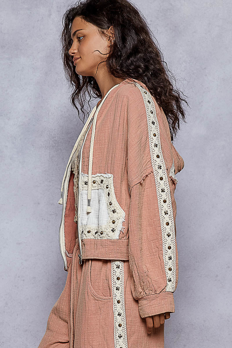 POL Studded Trim Gauze Ho odie-Hoodies-Krush Kandy, Women's Online Fashion Boutique Located in Phoenix, Arizona (Scottsdale Area)