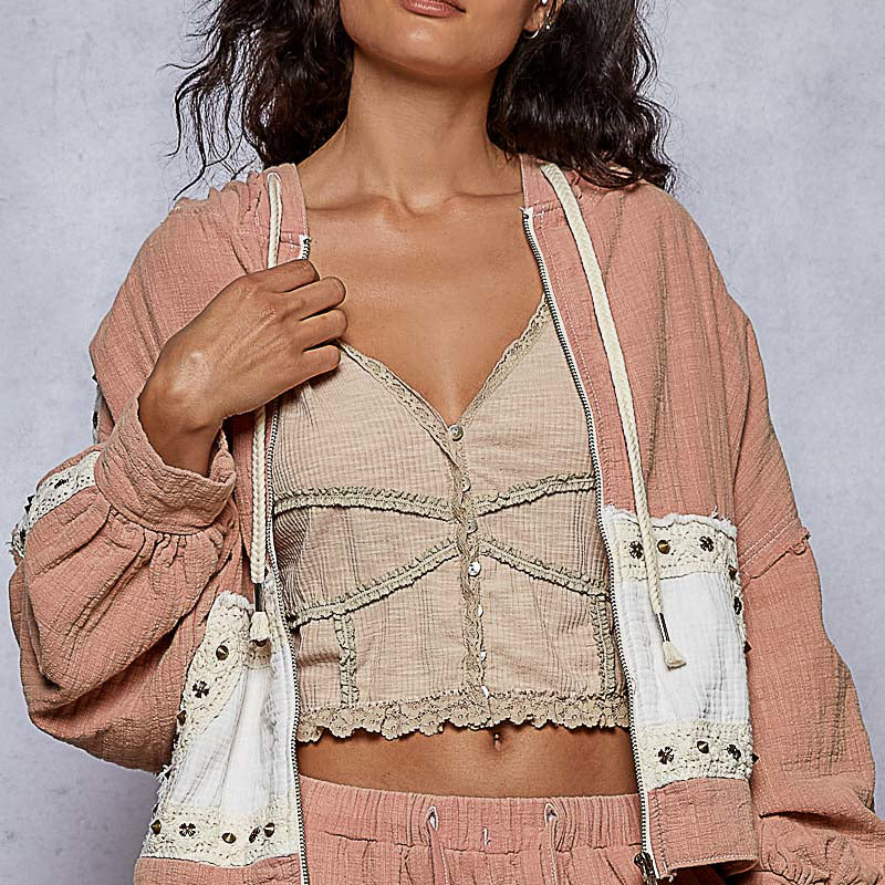 POL Studded Trim Gauze Ho odie-Hoodies-Krush Kandy, Women's Online Fashion Boutique Located in Phoenix, Arizona (Scottsdale Area)