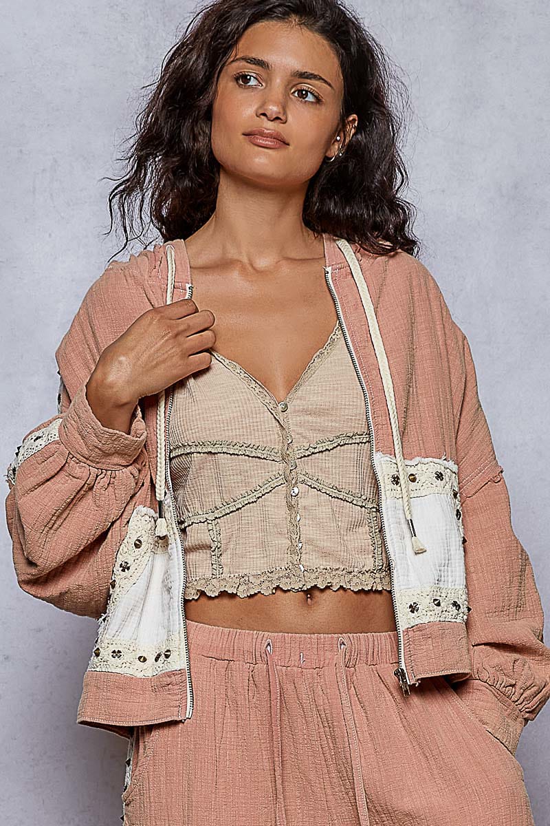 POL Studded Trim Gauze Ho odie-Hoodies-Krush Kandy, Women's Online Fashion Boutique Located in Phoenix, Arizona (Scottsdale Area)
