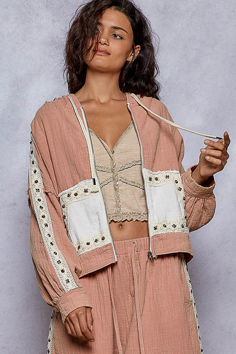 POL Studded Trim Gauze Ho odie-Hoodies-Krush Kandy, Women's Online Fashion Boutique Located in Phoenix, Arizona (Scottsdale Area)