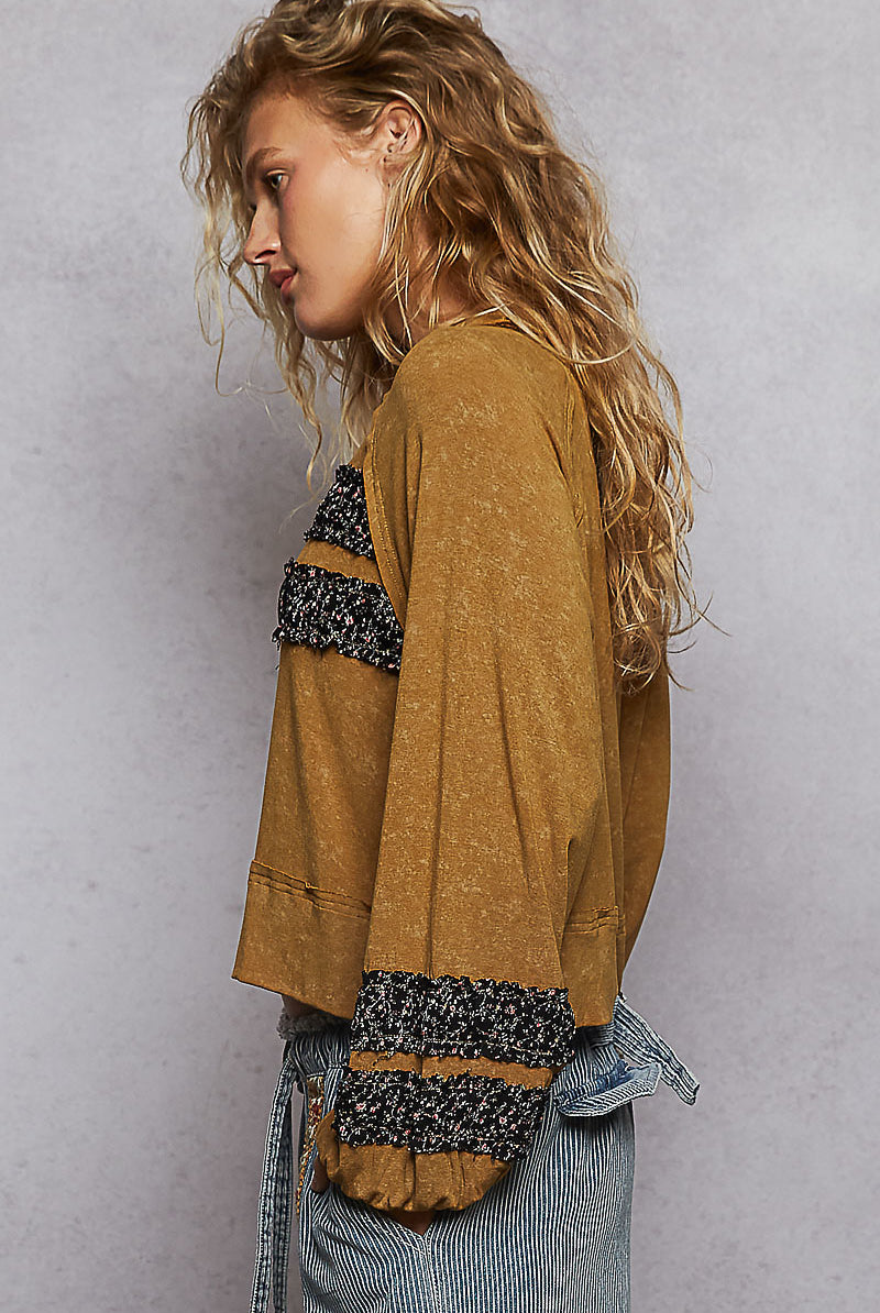 POL Textured Patch Shirring Top-Long Sleeve Tops-Krush Kandy, Women's Online Fashion Boutique Located in Phoenix, Arizona (Scottsdale Area)