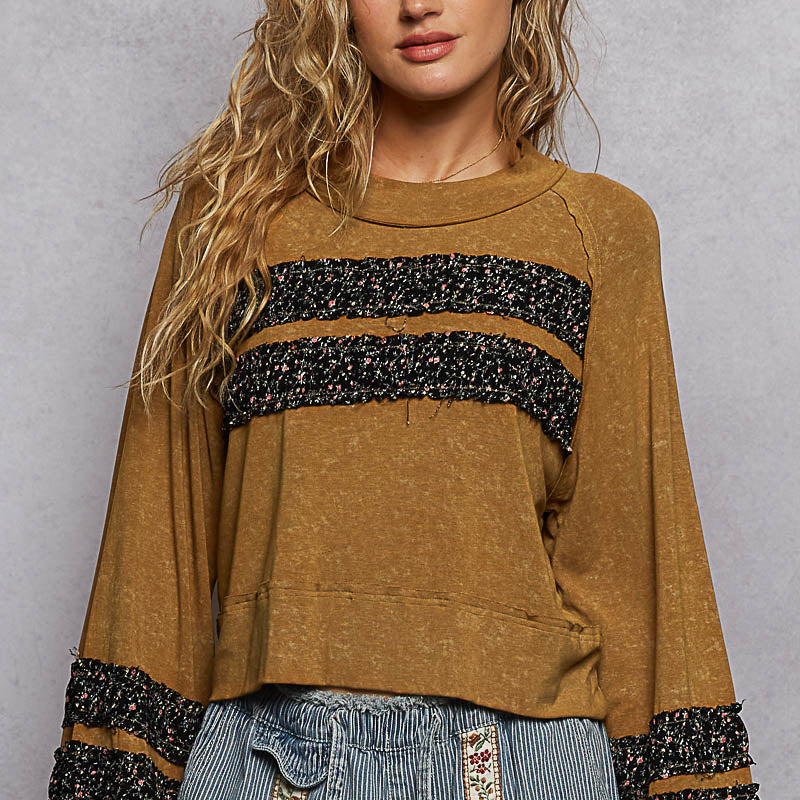 POL Textured Patch Shirring Top-Long Sleeve Tops-Krush Kandy, Women's Online Fashion Boutique Located in Phoenix, Arizona (Scottsdale Area)