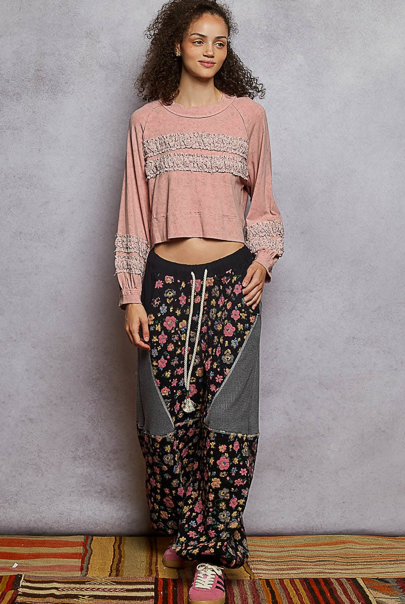 POL Textured Patch Shirring Top-Long Sleeve Tops-Krush Kandy, Women's Online Fashion Boutique Located in Phoenix, Arizona (Scottsdale Area)
