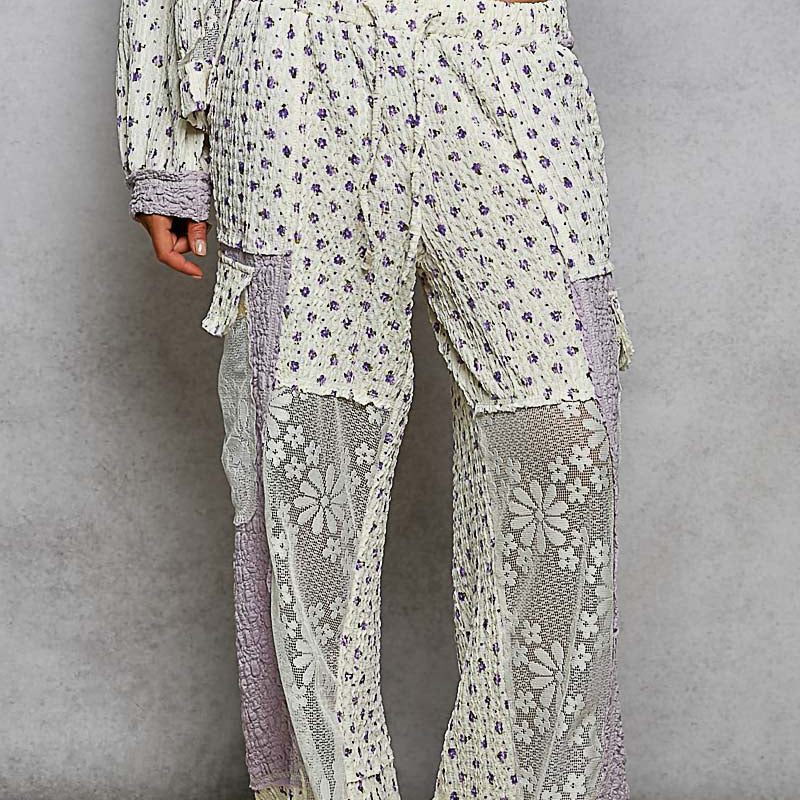 Relaxed Fit Lace Pants with Stitch Detail and Floral Pattern