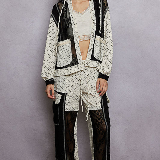 Relaxed Fit Lace Pants with Stitch Detail and Floral Pattern