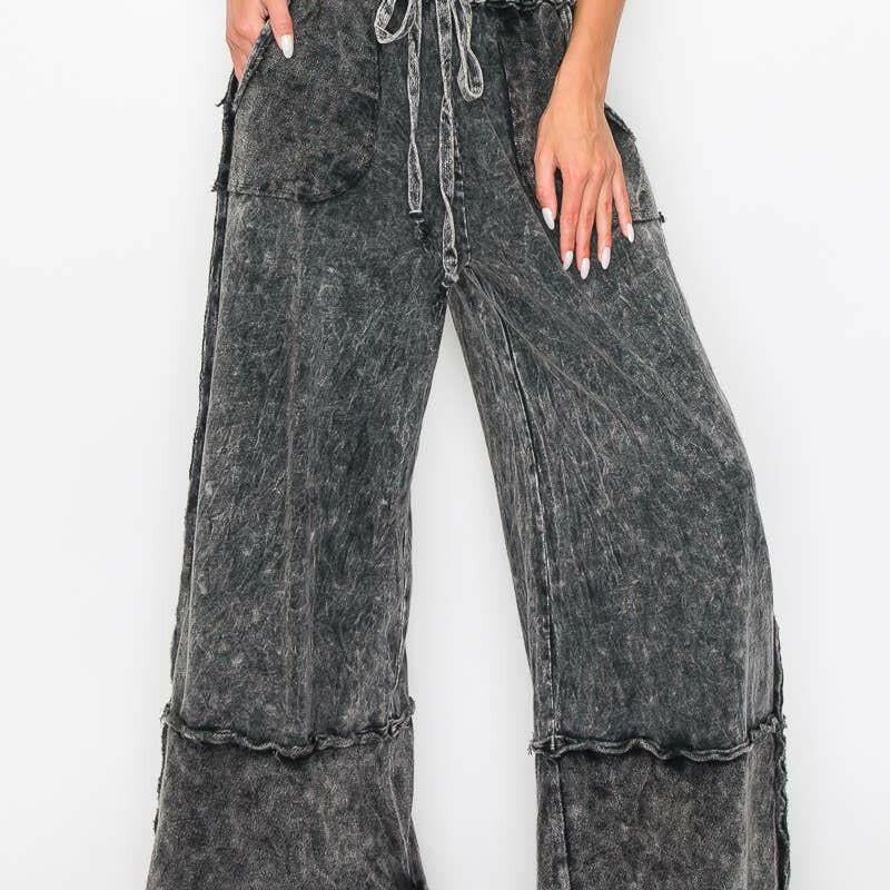 J.HER Mineral Wash Wide Pants with Raw Hem Frayed Details-Pants-Krush Kandy, Women's Online Fashion Boutique Located in Phoenix, Arizona (Scottsdale Area)