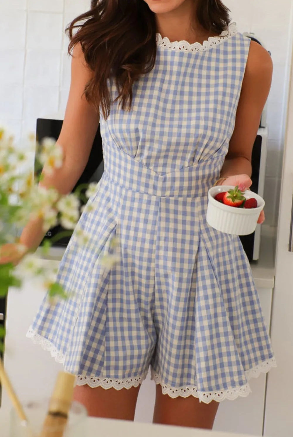 Lace Detail Plaid Sleeveless Romper-Tops-Krush Kandy, Women's Online Fashion Boutique Located in Phoenix, Arizona (Scottsdale Area)