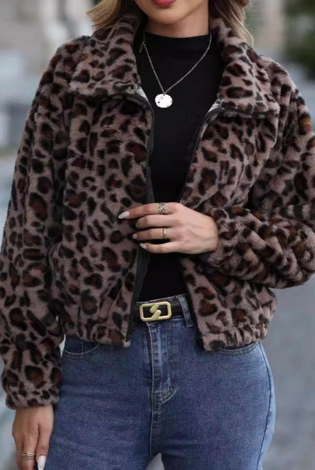 Leopard Collared Neck Zip Up Jacket-Krush Kandy, Women's Online Fashion Boutique Located in Phoenix, Arizona (Scottsdale Area)