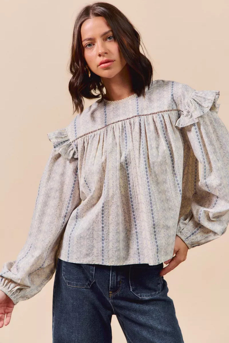 SO ME Floral Cotton Print Ruffled Long Sleeve Blouse-Tops-Krush Kandy, Women's Online Fashion Boutique Located in Phoenix, Arizona (Scottsdale Area)