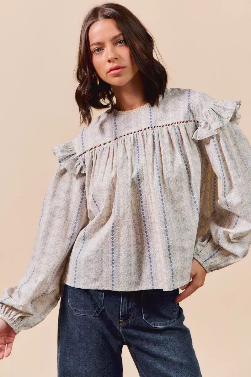 SO ME Floral Cotton Print Ruffled Long Sleeve Blouse-Tops-Krush Kandy, Women's Online Fashion Boutique Located in Phoenix, Arizona (Scottsdale Area)