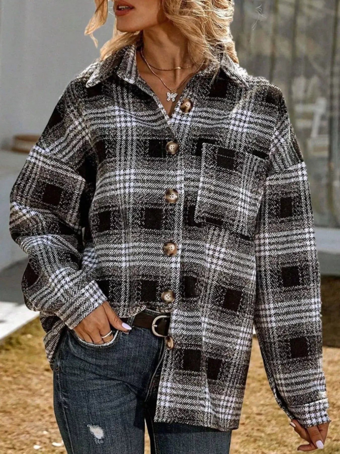 Plaid Button Up Long Sleeve Shacket-Jacket-Krush Kandy, Women's Online Fashion Boutique Located in Phoenix, Arizona (Scottsdale Area)