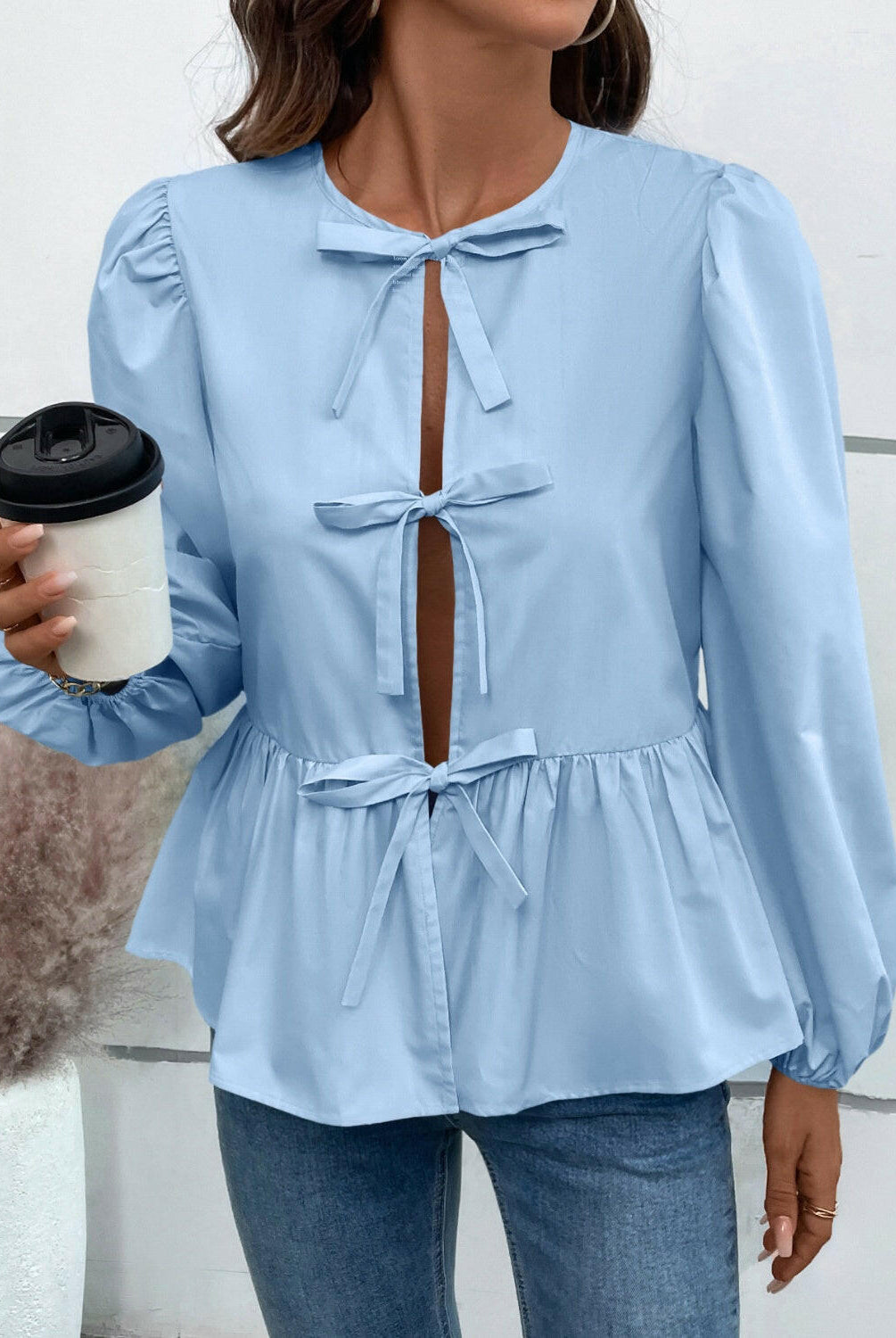 Ivy Lane Peplum Tied Long Sleeve Blouse-Krush Kandy, Women's Online Fashion Boutique Located in Phoenix, Arizona (Scottsdale Area)