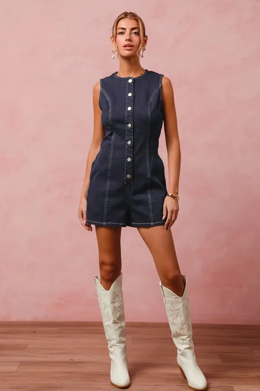 SO ME Button Up Front Washed Denim Sleeveless Romper-Jumpsuits & Rompers-Krush Kandy, Women's Online Fashion Boutique Located in Phoenix, Arizona (Scottsdale Area)