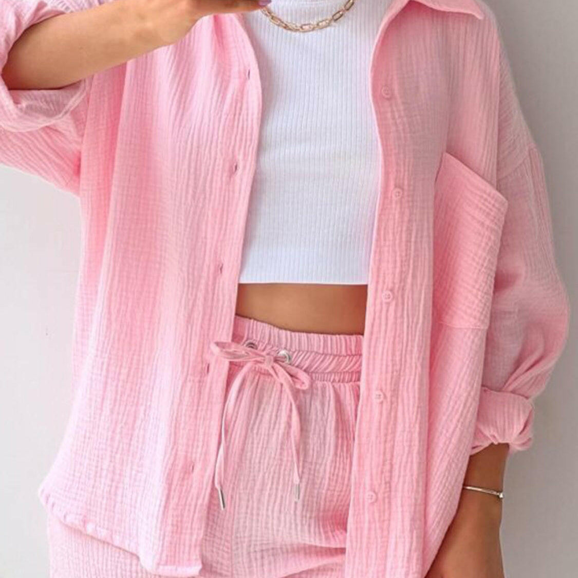 Kinsley Texture Button-Up Shirt and Drawstring Shorts Set-Krush Kandy, Women's Online Fashion Boutique Located in Phoenix, Arizona (Scottsdale Area)