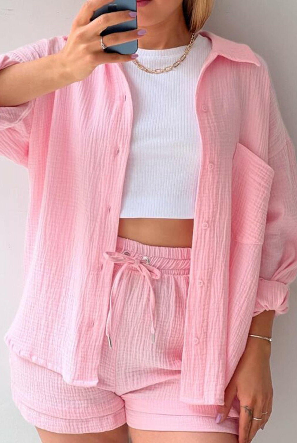 Kinsley Texture Button-Up Shirt and Drawstring Shorts Set-Krush Kandy, Women's Online Fashion Boutique Located in Phoenix, Arizona (Scottsdale Area)