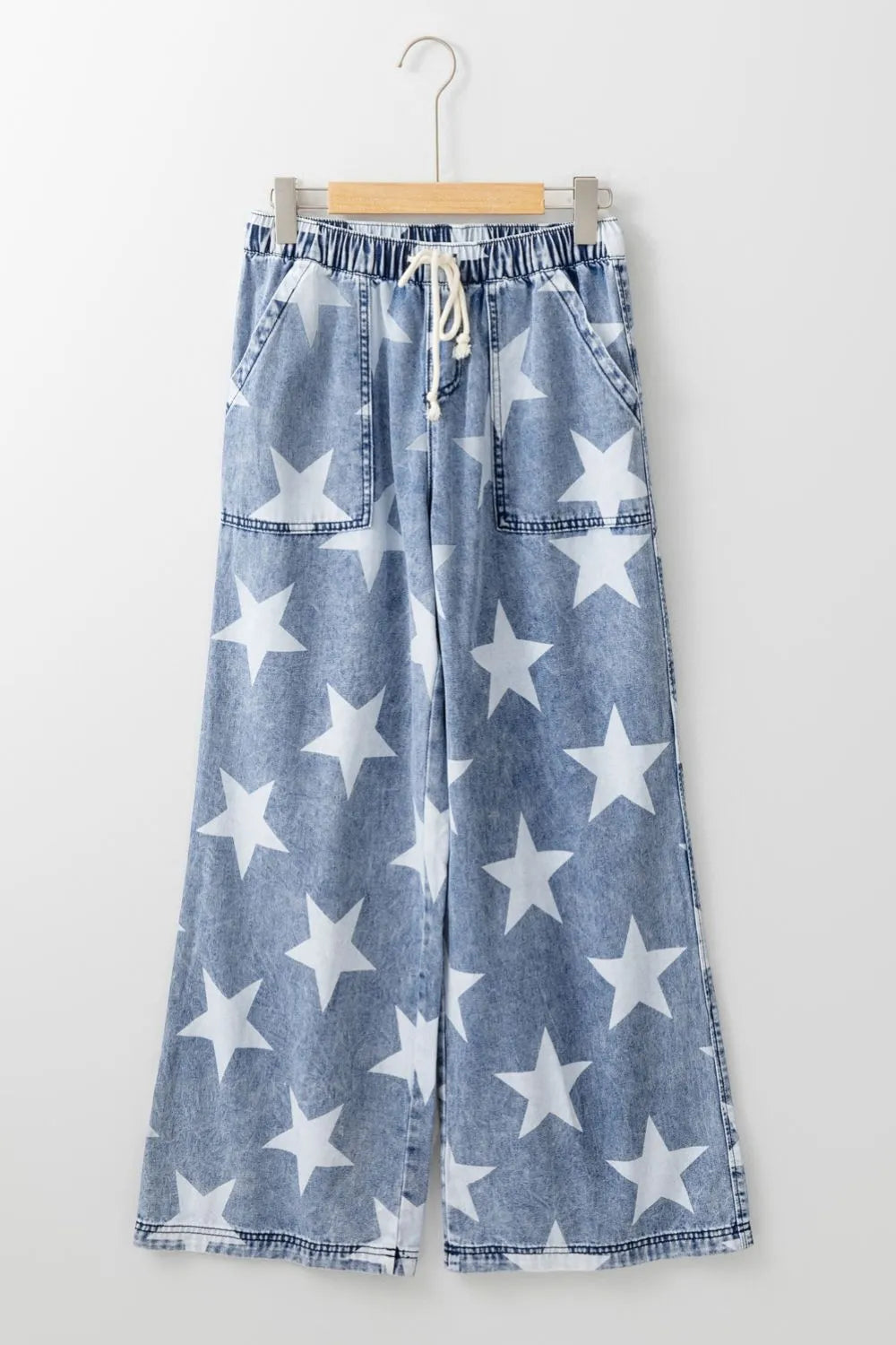 Star Print Washed Drawstring High Waist Wide Leg Jeans-Krush Kandy, Women's Online Fashion Boutique Located in Phoenix, Arizona (Scottsdale Area)