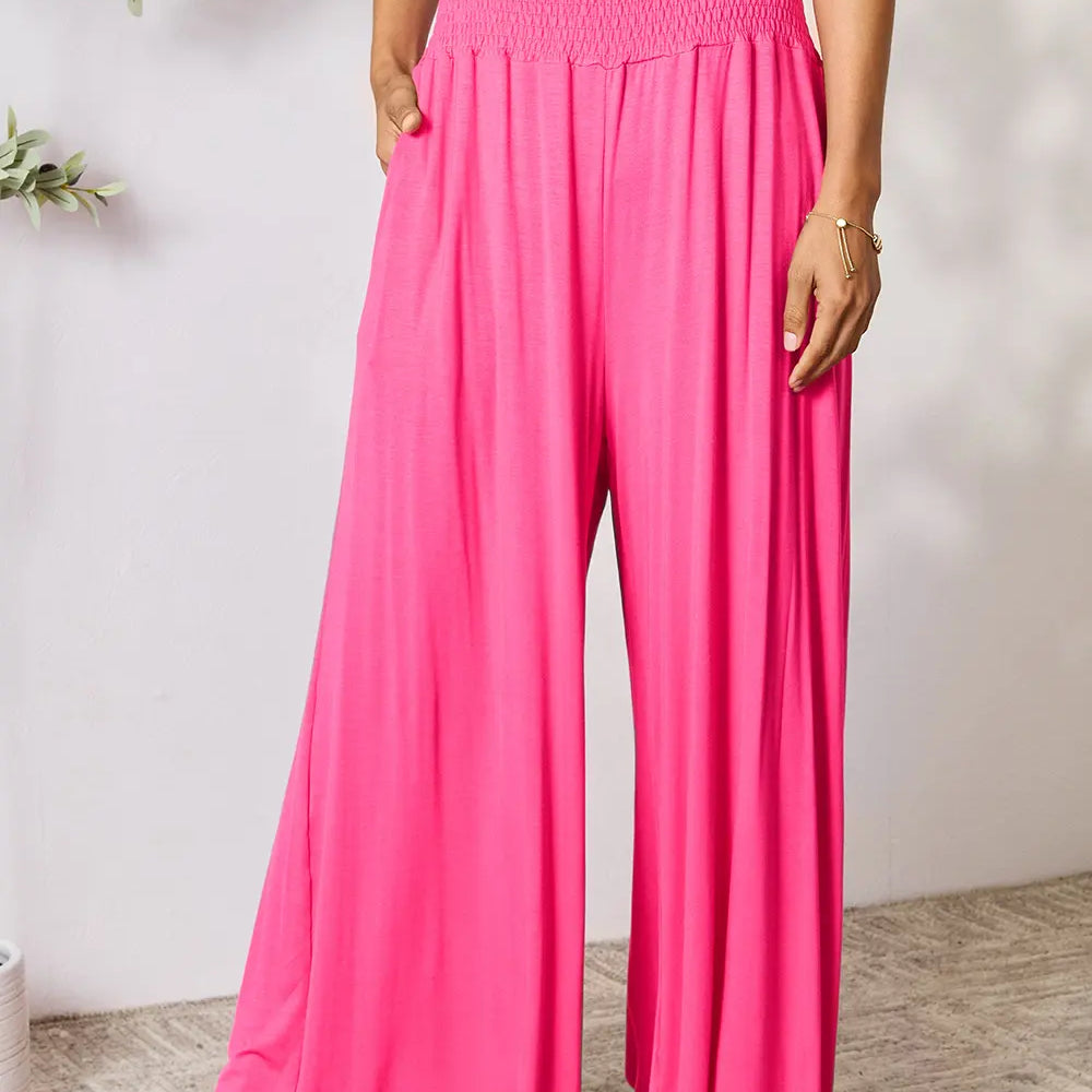 Full Size Smocked Wide Waistband Wide Leg Pants-Pants-Krush Kandy, Women's Online Fashion Boutique Located in Phoenix, Arizona (Scottsdale Area)