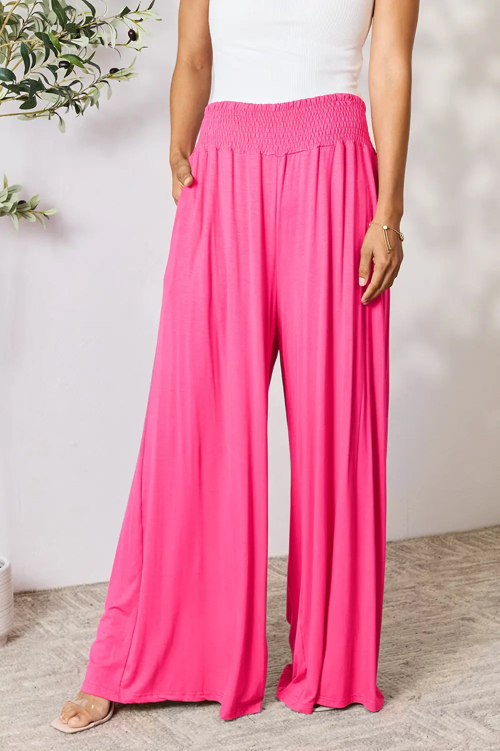 Full Size Smocked Wide Waistband Wide Leg Pants-Pants-Krush Kandy, Women's Online Fashion Boutique Located in Phoenix, Arizona (Scottsdale Area)