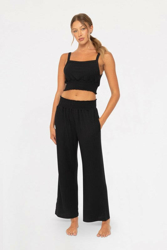 Mono B Smocked Waistband Ribbed Wide Leg Pants-Pants-Krush Kandy, Women's Online Fashion Boutique Located in Phoenix, Arizona (Scottsdale Area)