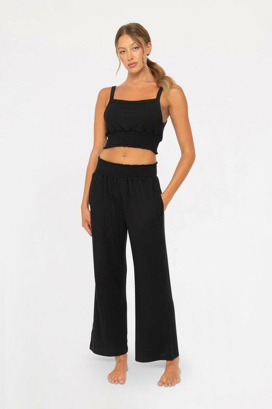 Mono B Smocked Waistband Ribbed Wide Leg Pants-Pants-Krush Kandy, Women's Online Fashion Boutique Located in Phoenix, Arizona (Scottsdale Area)
