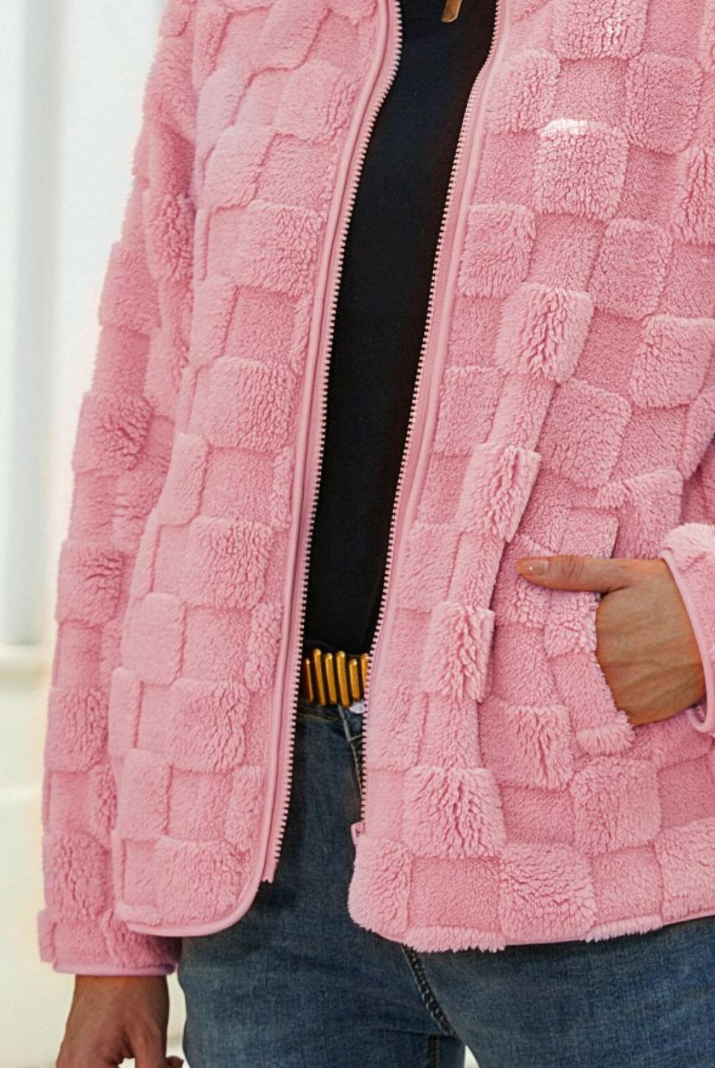 Fuzzy Checkered Zip Up Jacket-Krush Kandy, Women's Online Fashion Boutique Located in Phoenix, Arizona (Scottsdale Area)
