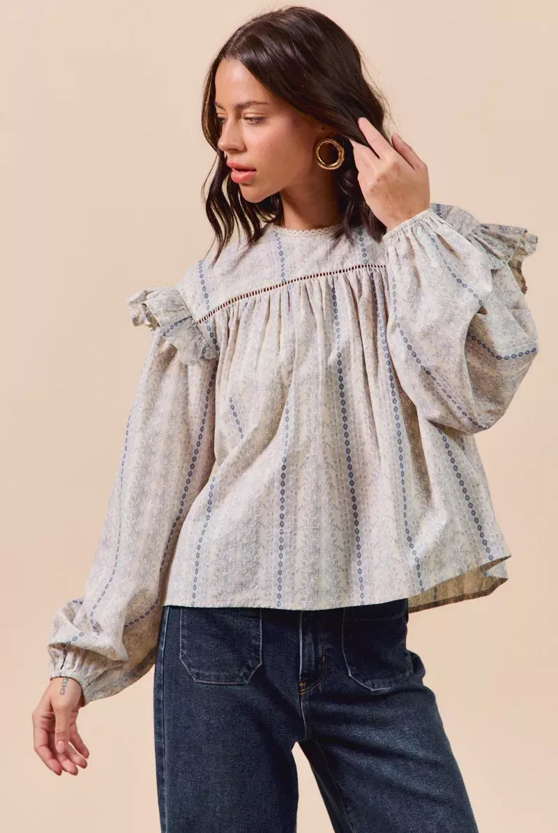 SO ME Floral Cotton Print Ruffled Long Sleeve Blouse-Tops-Krush Kandy, Women's Online Fashion Boutique Located in Phoenix, Arizona (Scottsdale Area)