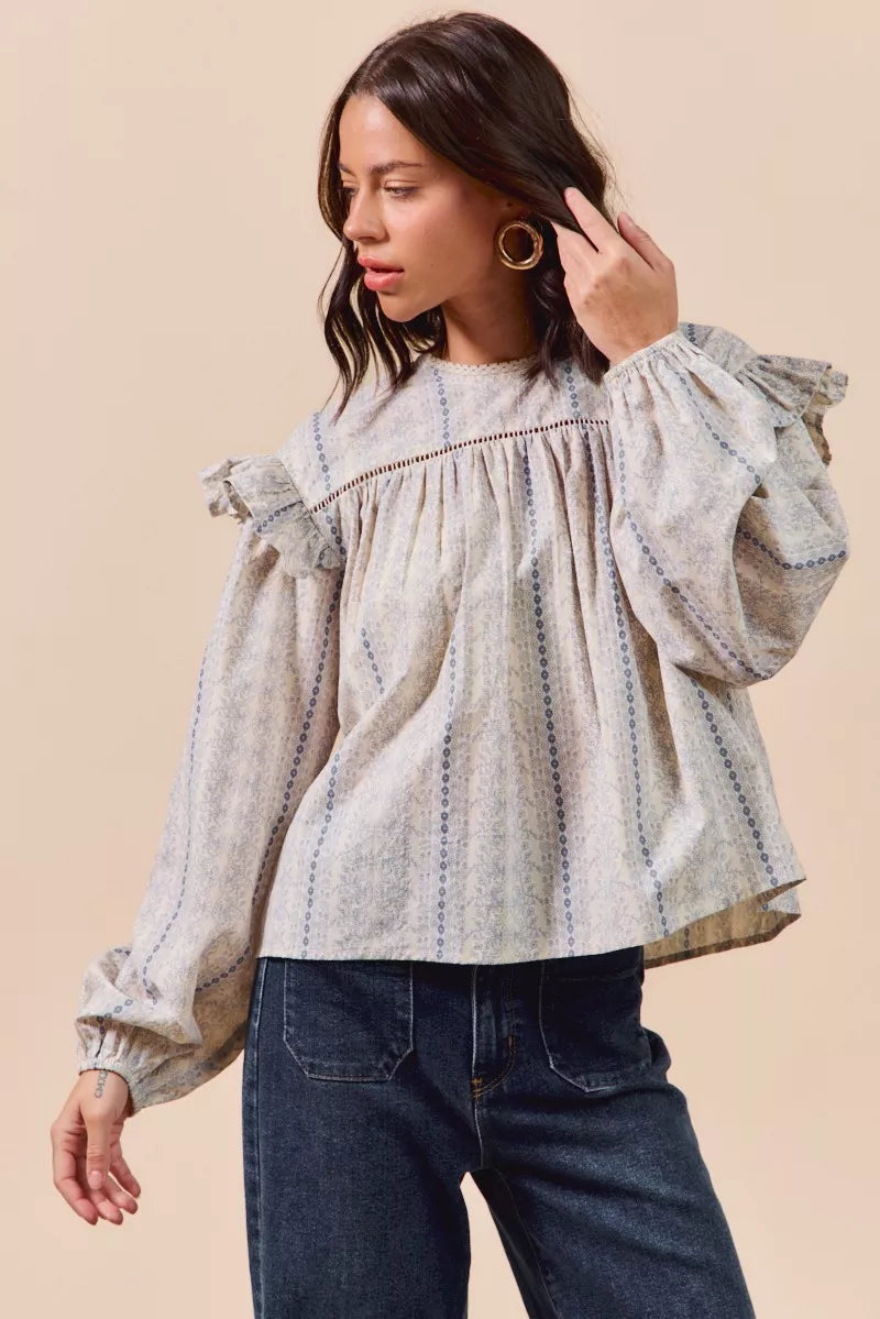 SO ME Floral Cotton Print Ruffled Long Sleeve Blouse-Tops-Krush Kandy, Women's Online Fashion Boutique Located in Phoenix, Arizona (Scottsdale Area)