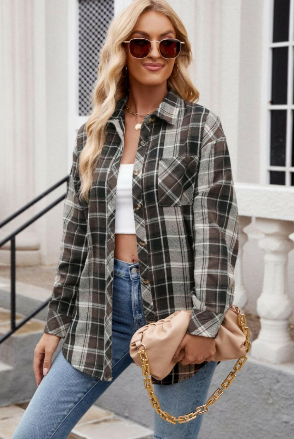 Mandy Pocketed Plaid Collared Neck Long Sleeve Shirt-Krush Kandy, Women's Online Fashion Boutique Located in Phoenix, Arizona (Scottsdale Area)