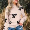 Pearl Embellished Bow Pattern Loose Sweater-Sweater-Krush Kandy, Women's Online Fashion Boutique Located in Phoenix, Arizona (Scottsdale Area)
