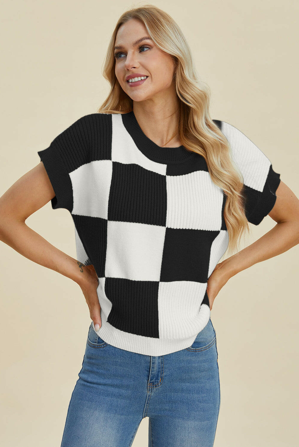 Double Take Full Size Checkered Round Neck Short Sleeve Sweater-Tops-Krush Kandy, Women's Online Fashion Boutique Located in Phoenix, Arizona (Scottsdale Area)