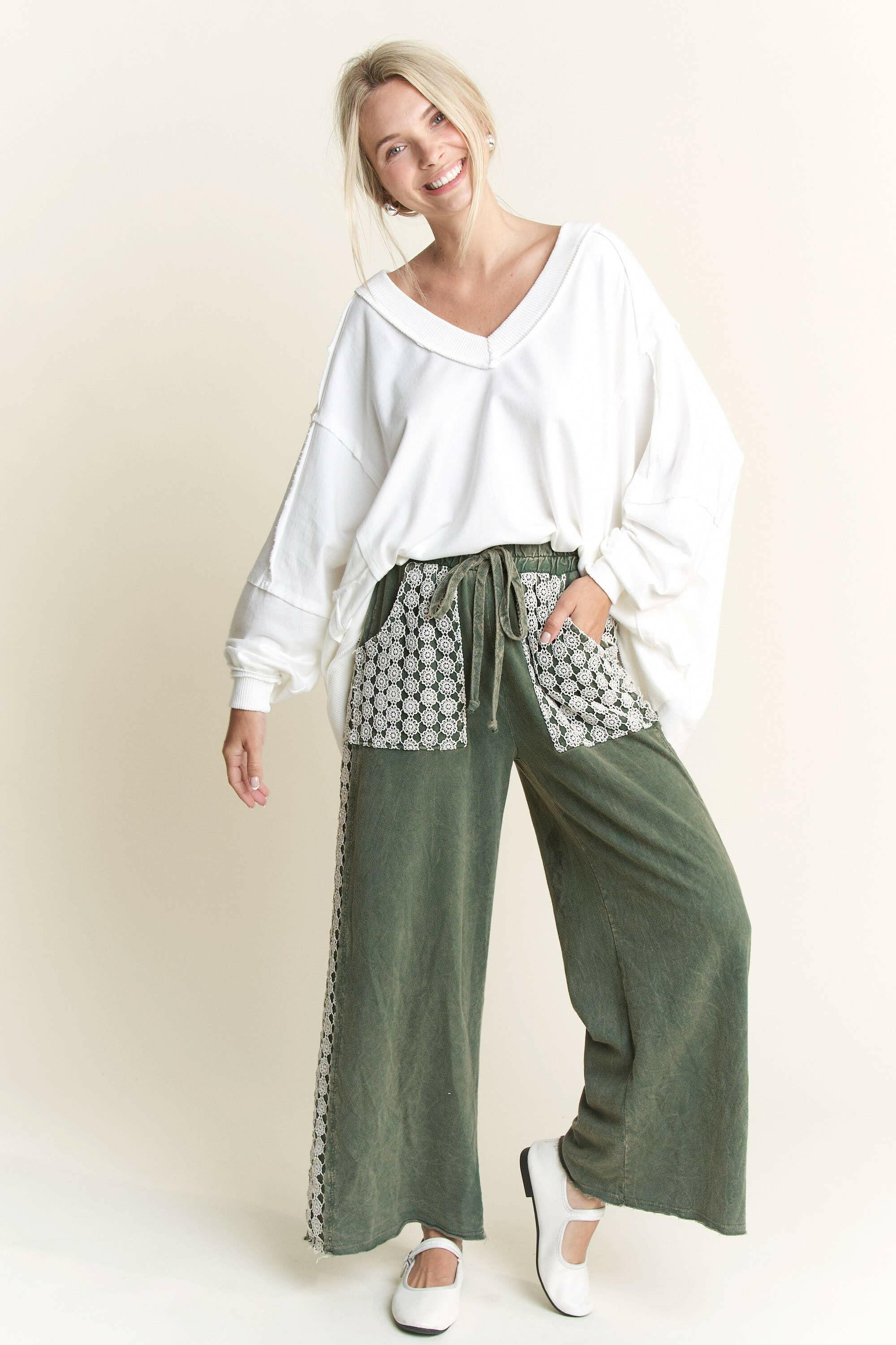 MineralWash Floral Daisy trim Pants-PANTS-Krush Kandy, Women's Online Fashion Boutique Located in Phoenix, Arizona (Scottsdale Area)
