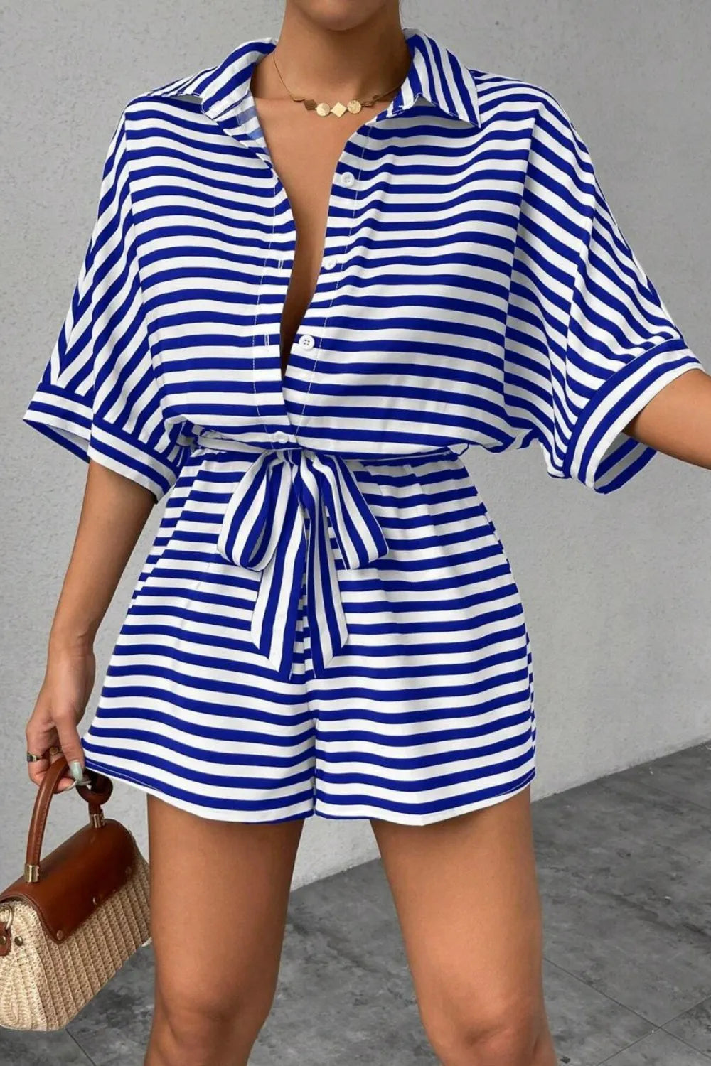 Striped Collared Neck Tie Waist Romper-Krush Kandy, Women's Online Fashion Boutique Located in Phoenix, Arizona (Scottsdale Area)