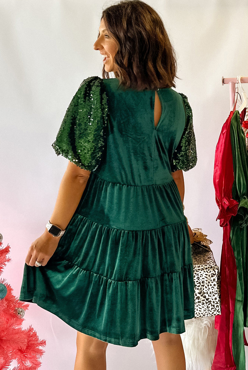 Evergreen Velvet Sequin Sleeve Dress-Dresses-Krush Kandy, Women's Online Fashion Boutique Located in Phoenix, Arizona (Scottsdale Area)