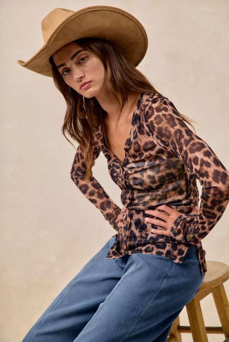 BiBi Leopard Printed Mesh Shirt With Button Up V Neck-Tops-Krush Kandy, Women's Online Fashion Boutique Located in Phoenix, Arizona (Scottsdale Area)