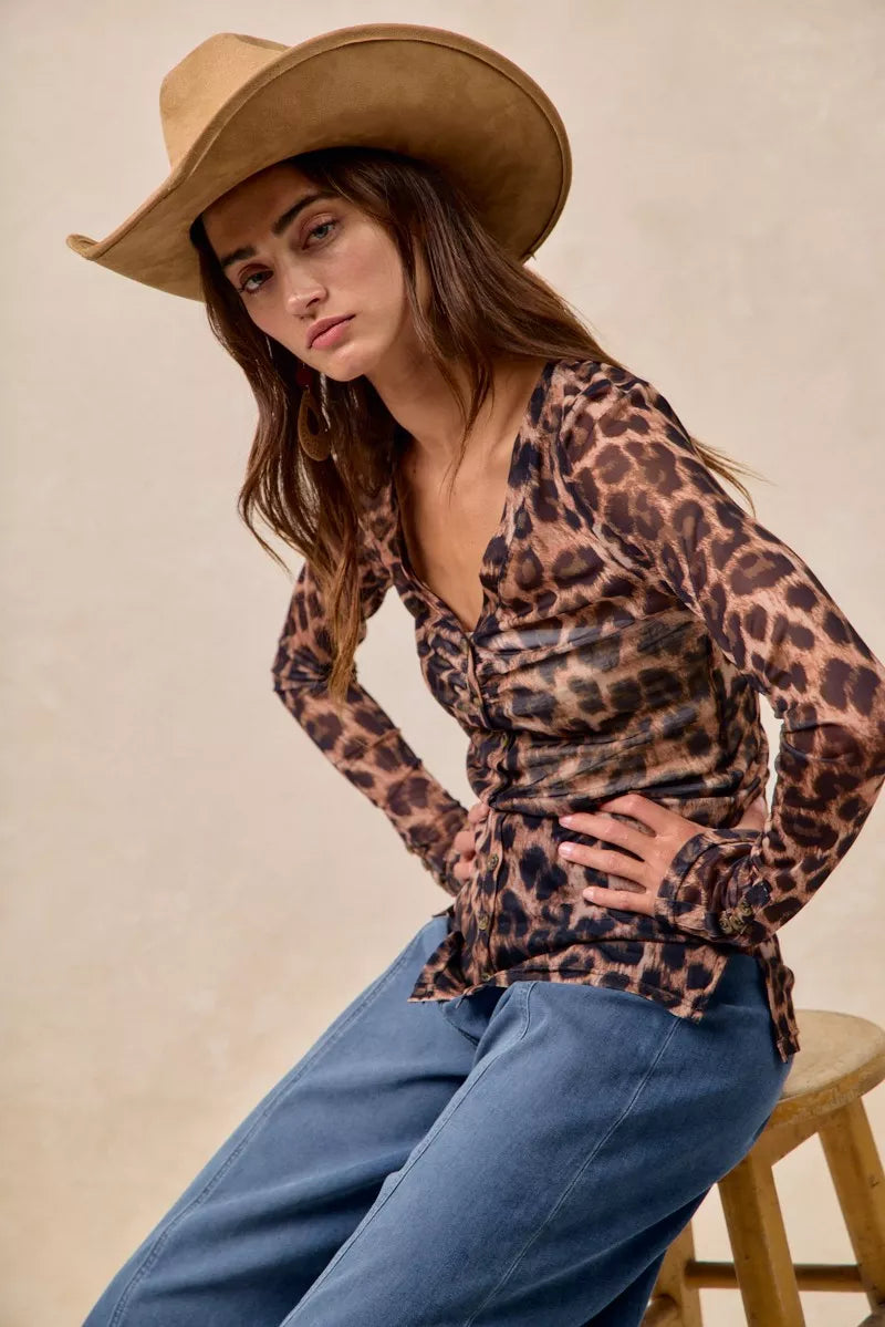 BiBi Leopard Printed Mesh Shirt With Button Up V Neck-Tops-Krush Kandy, Women's Online Fashion Boutique Located in Phoenix, Arizona (Scottsdale Area)