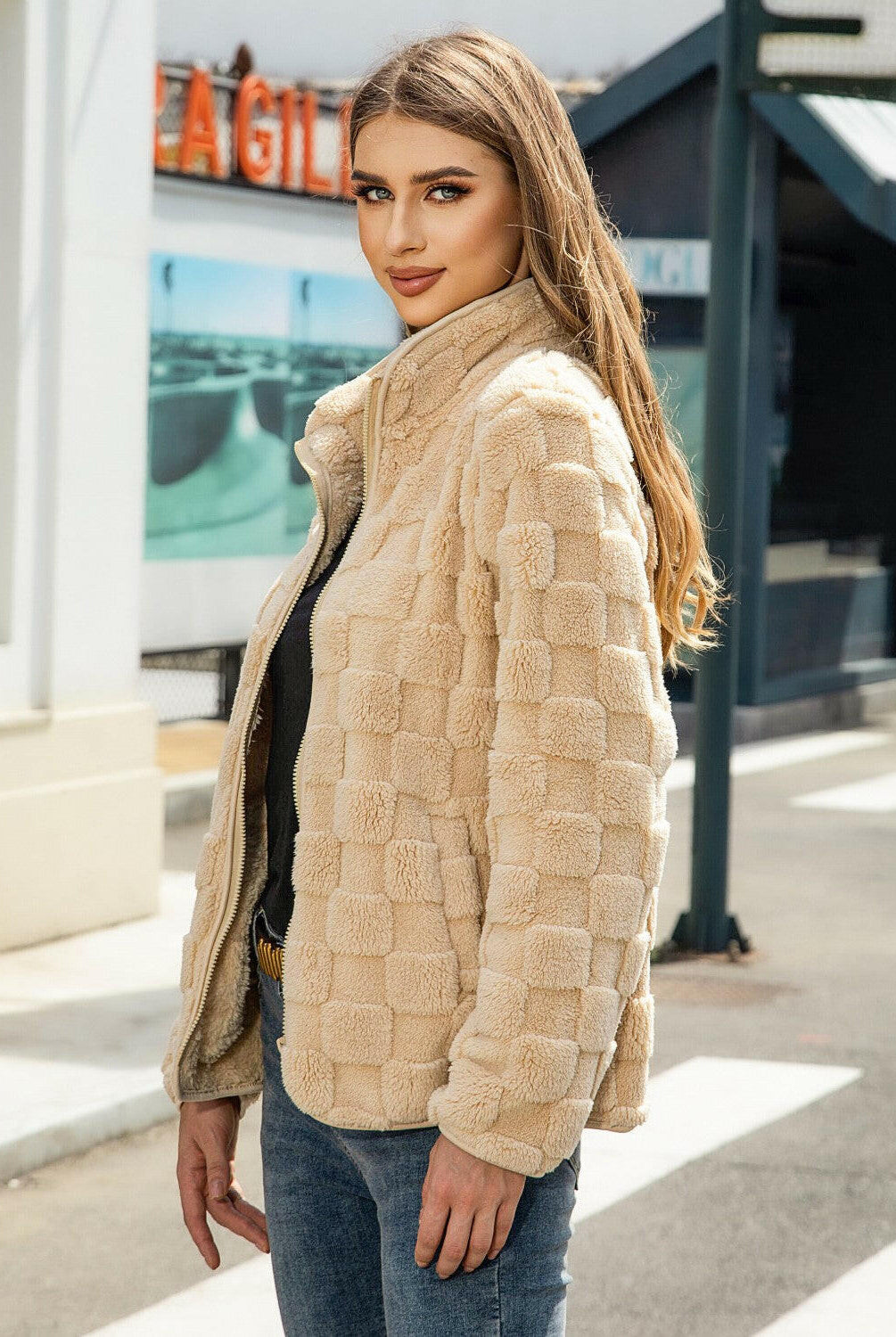 Fuzzy Checkered Zip Up Jacket-Krush Kandy, Women's Online Fashion Boutique Located in Phoenix, Arizona (Scottsdale Area)