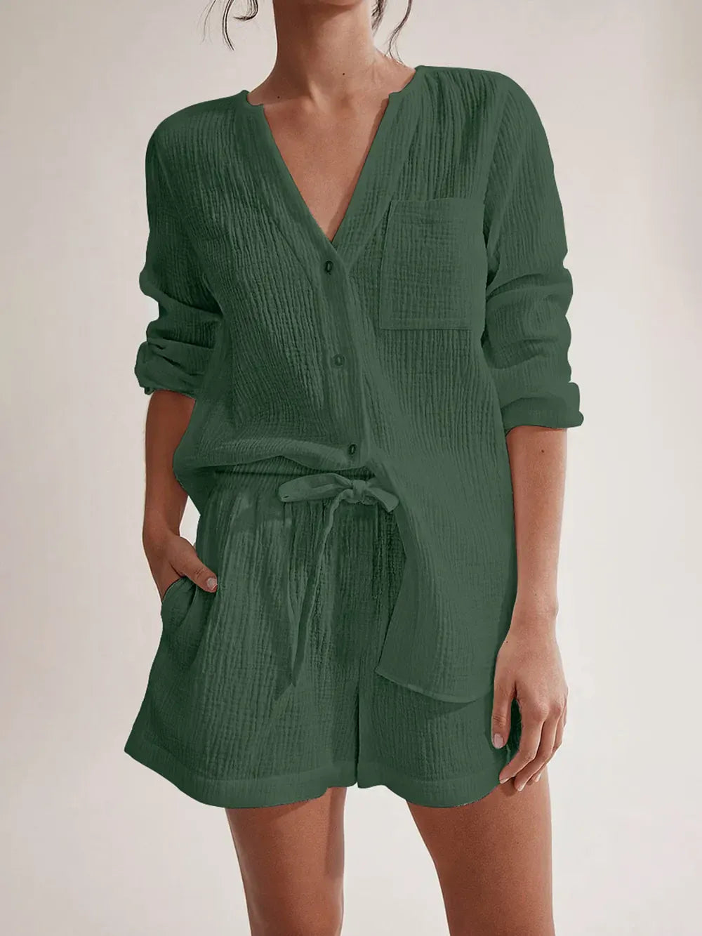 Notched Long Sleeve Top and Shorts Set-Krush Kandy, Women's Online Fashion Boutique Located in Phoenix, Arizona (Scottsdale Area)