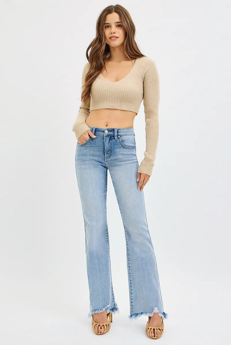 RISEN Full Size Tummy Control Mid Rise Flare Jeans with Fray Hem Detailed Plus Size-Jeans-Krush Kandy, Women's Online Fashion Boutique Located in Phoenix, Arizona (Scottsdale Area)