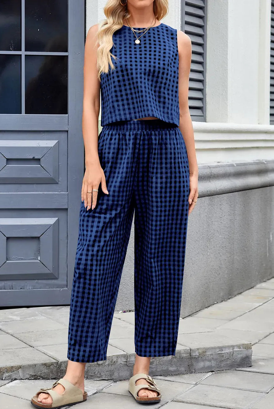Lovelet Plaid Round Neck Sleeveless Top and Pants Set-2 Piece Outfit Sets-Krush Kandy, Women's Online Fashion Boutique Located in Phoenix, Arizona (Scottsdale Area)