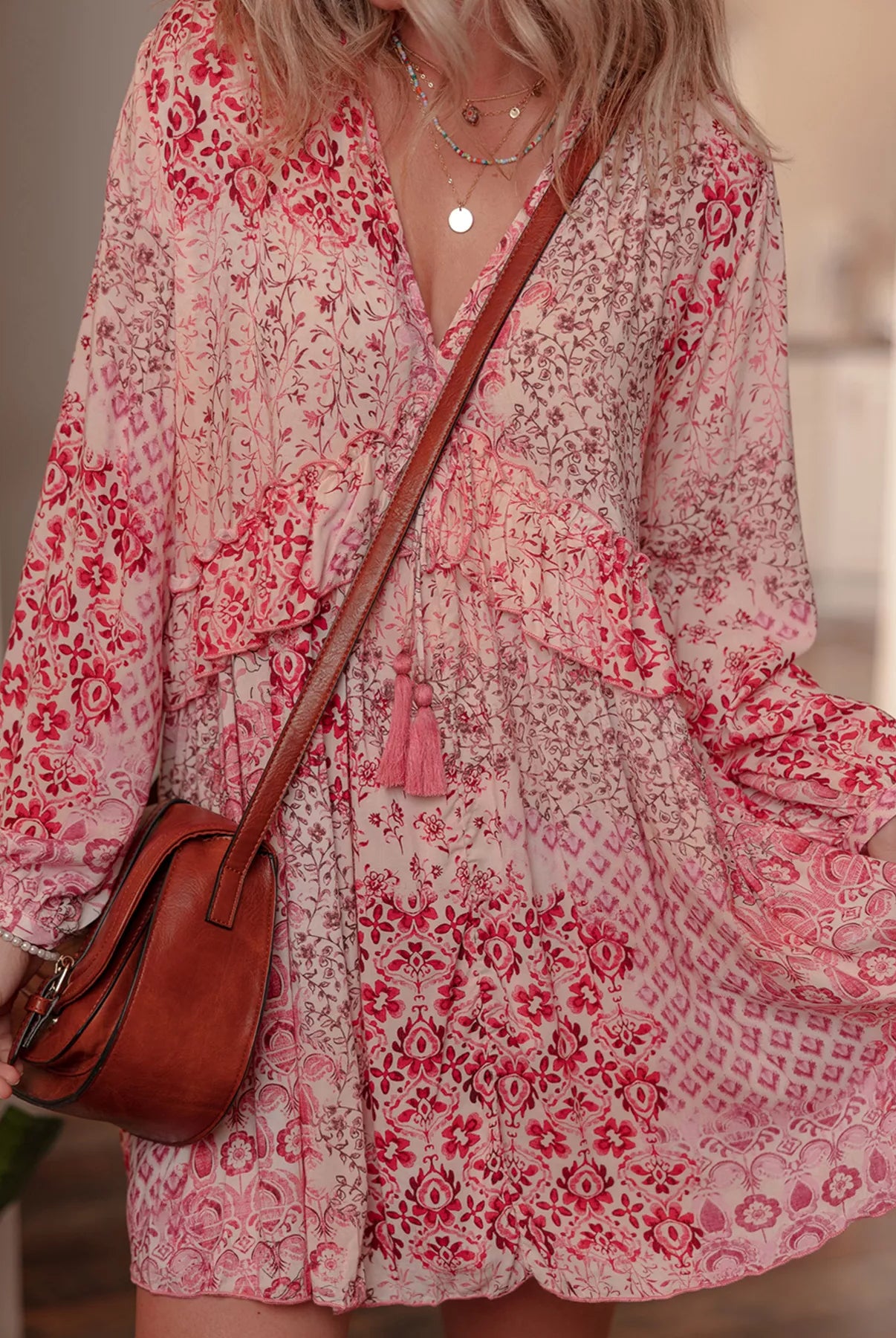 loral Print Tassel Tie Long Sleeve Flowy Mini Dress-Dresses-Krush Kandy, Women's Online Fashion Boutique Located in Phoenix, Arizona (Scottsdale Area)